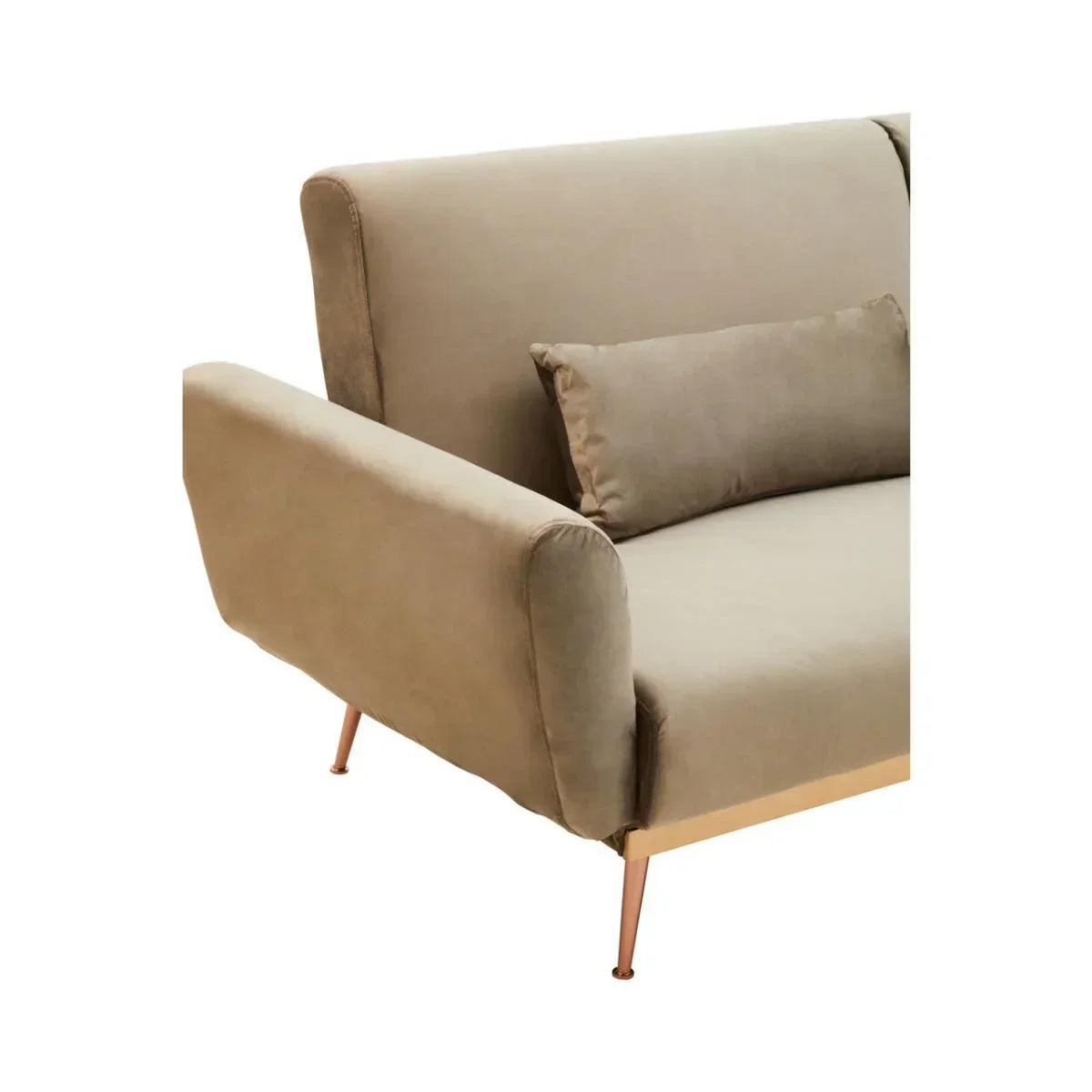 Beige fabric sofa with metal legs and matching lumbar cushion, left armrest close-up