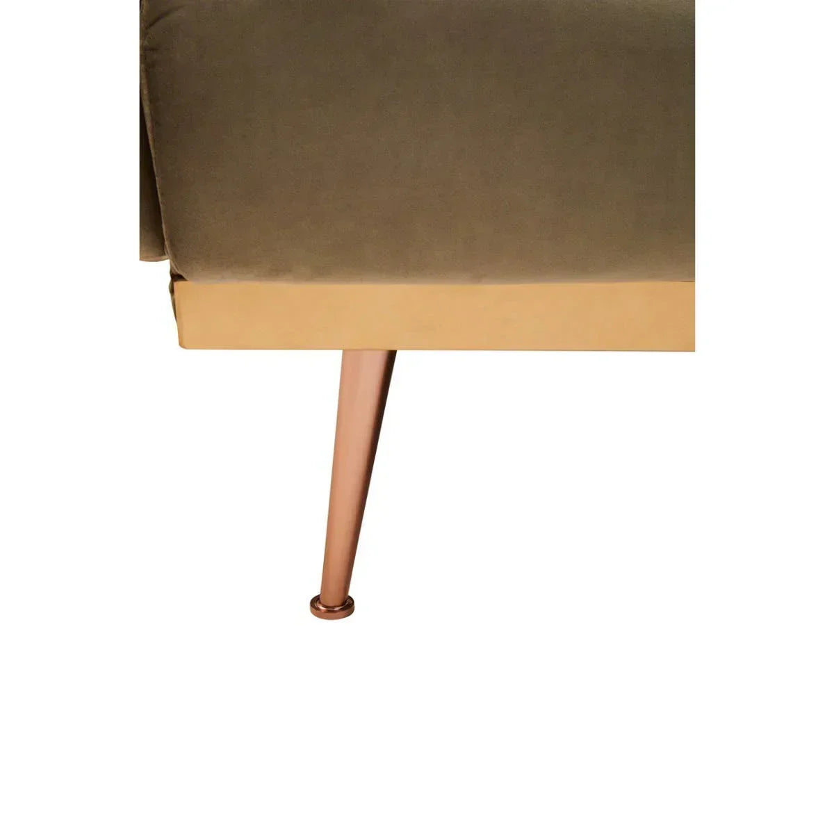 Close up of sofa metal leg and gold velvet upholstery