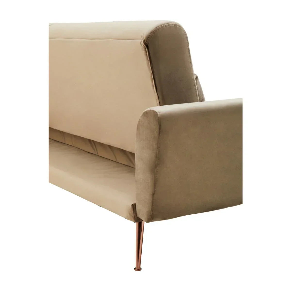 Beige fabric sofa with padded backrest and gold metal legs, side view detail