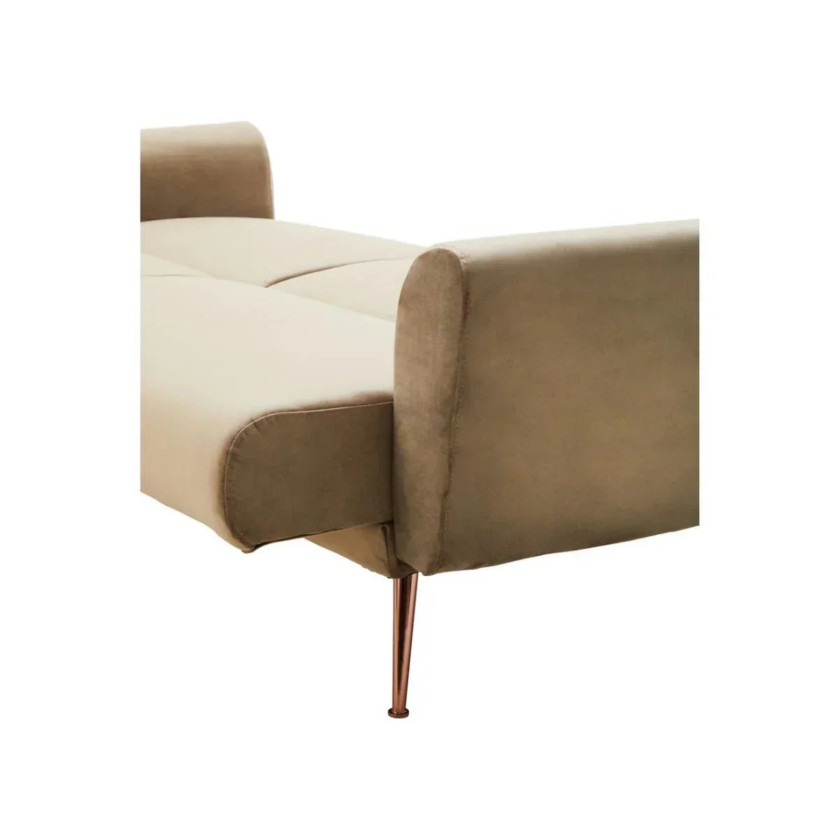 Beige sofa bed with metal legs and rounded armrest, side angle view