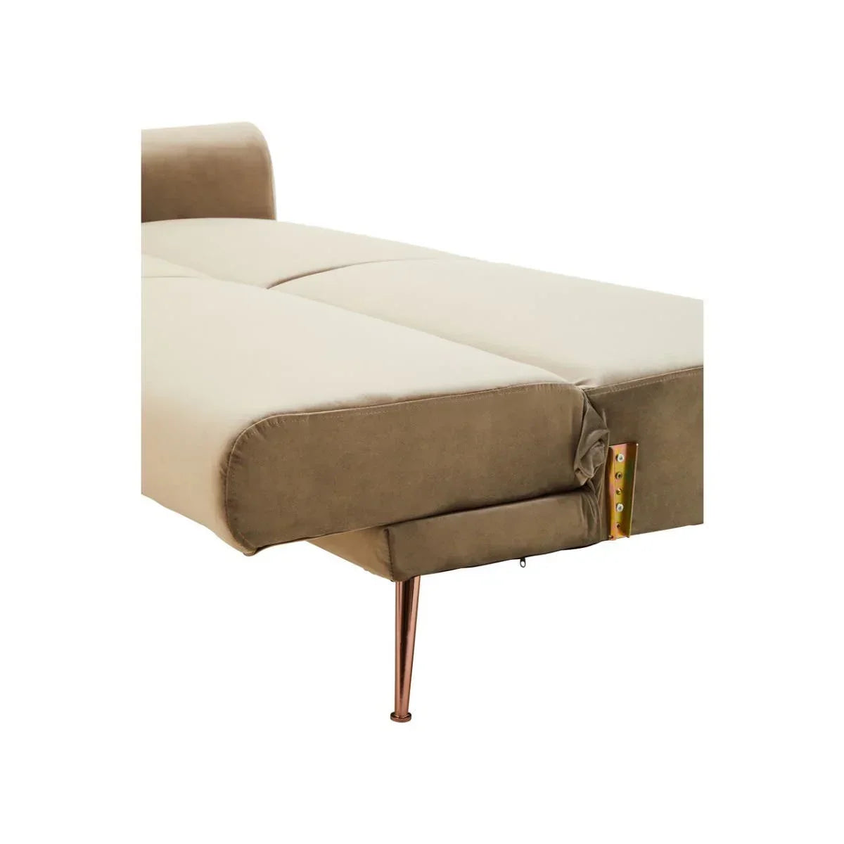 Beige fabric sofa bed with metal legs, shown in unfolded sleeping position, close-up view