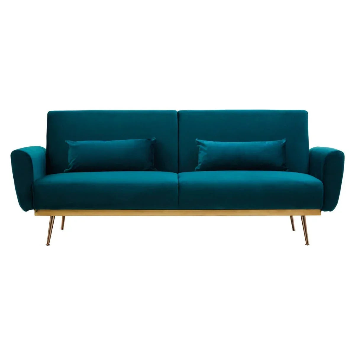 Teal velvet three seater sofa with gold metal legs and matching bolster cushions, front view