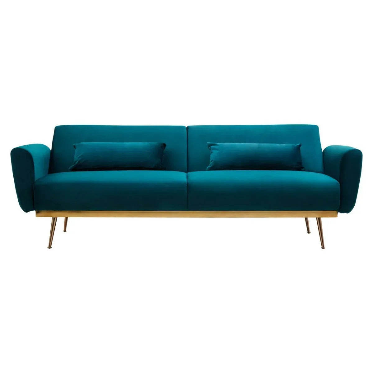 Teal velvet sofa with gold legs and matching cushions, modern design, front view