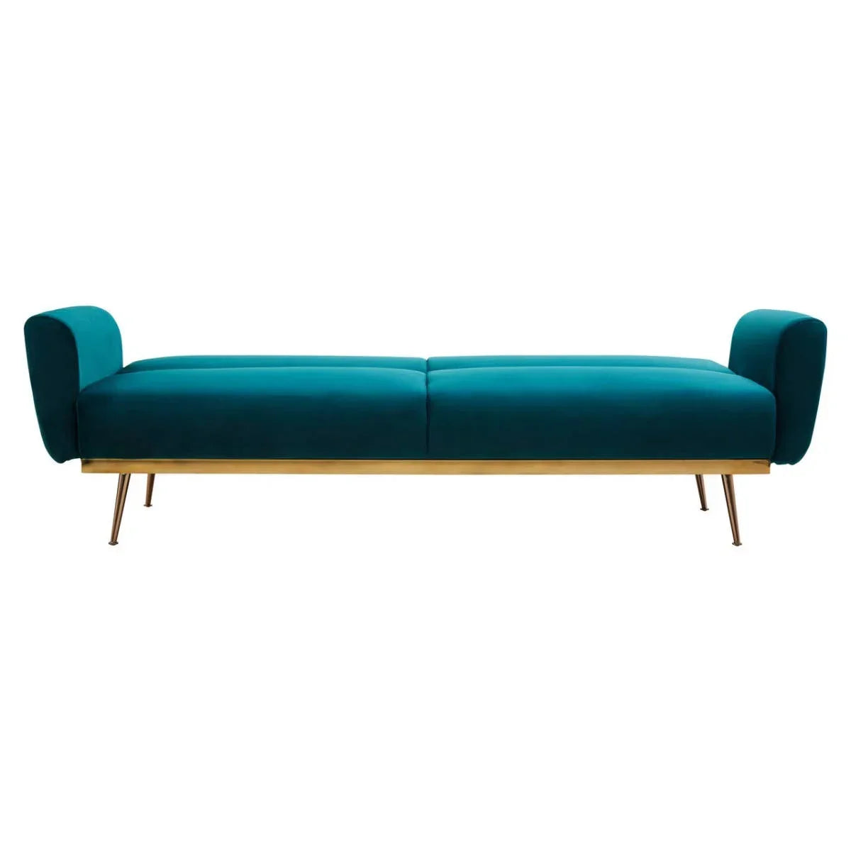 Teal velvet sofa with gold legs and padded armrests, modern low-profile design