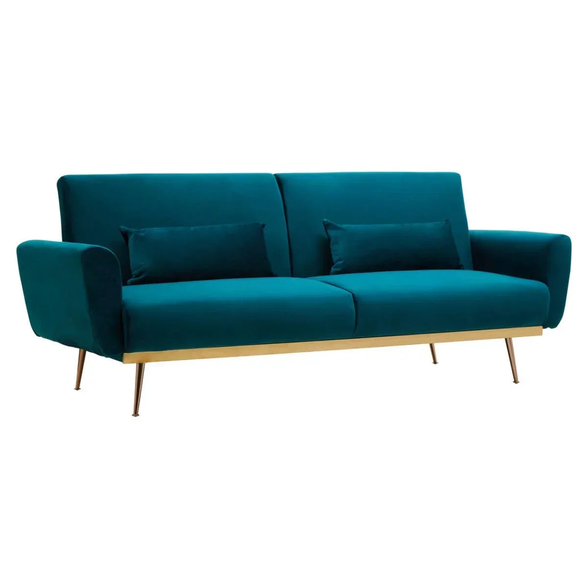 Teal velvet sofa with gold legs and two matching cushions, front angle view