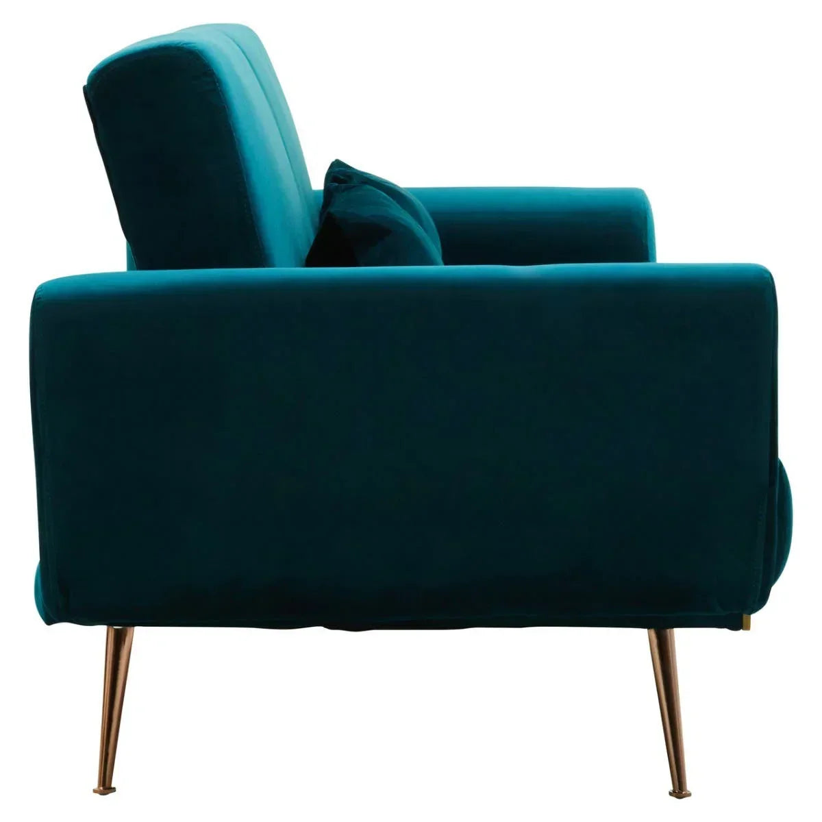 Side view of teal velvet armchair with gold metal legs and matching cushion