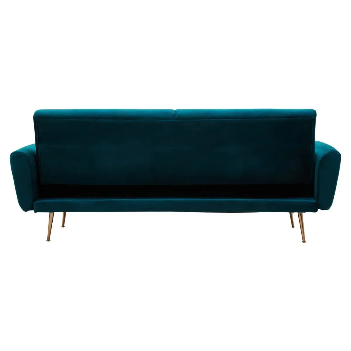 Teal velvet sofa with gold legs shown from the back
