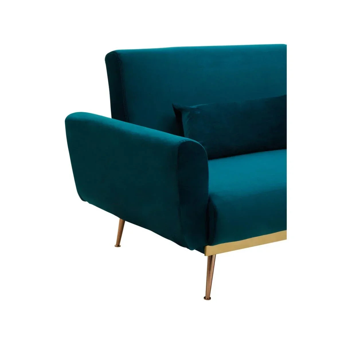 Teal velvet sofa arm with gold metal legs and matching cushion, modern living room furniture