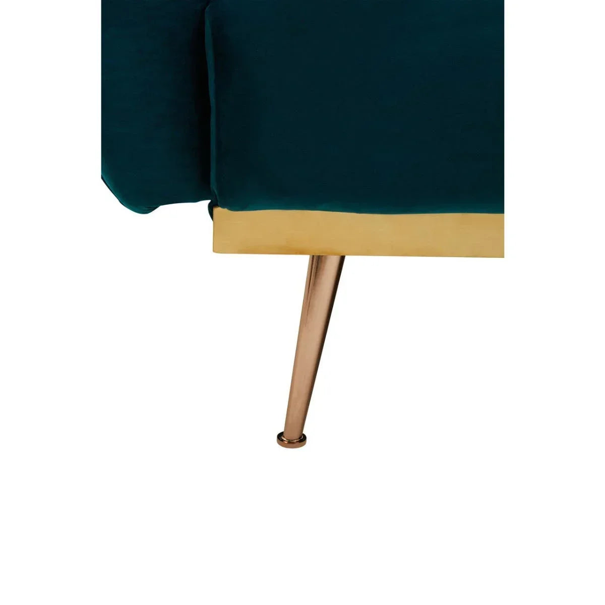 Teal velvet sofa corner with gold metal trim and angled brass leg closeup