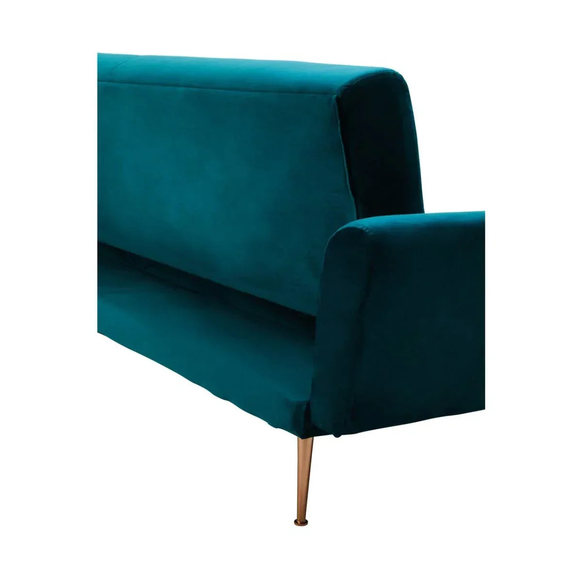 Teal velvet sofa with gold metal legs, angled armrest and backrest detail
