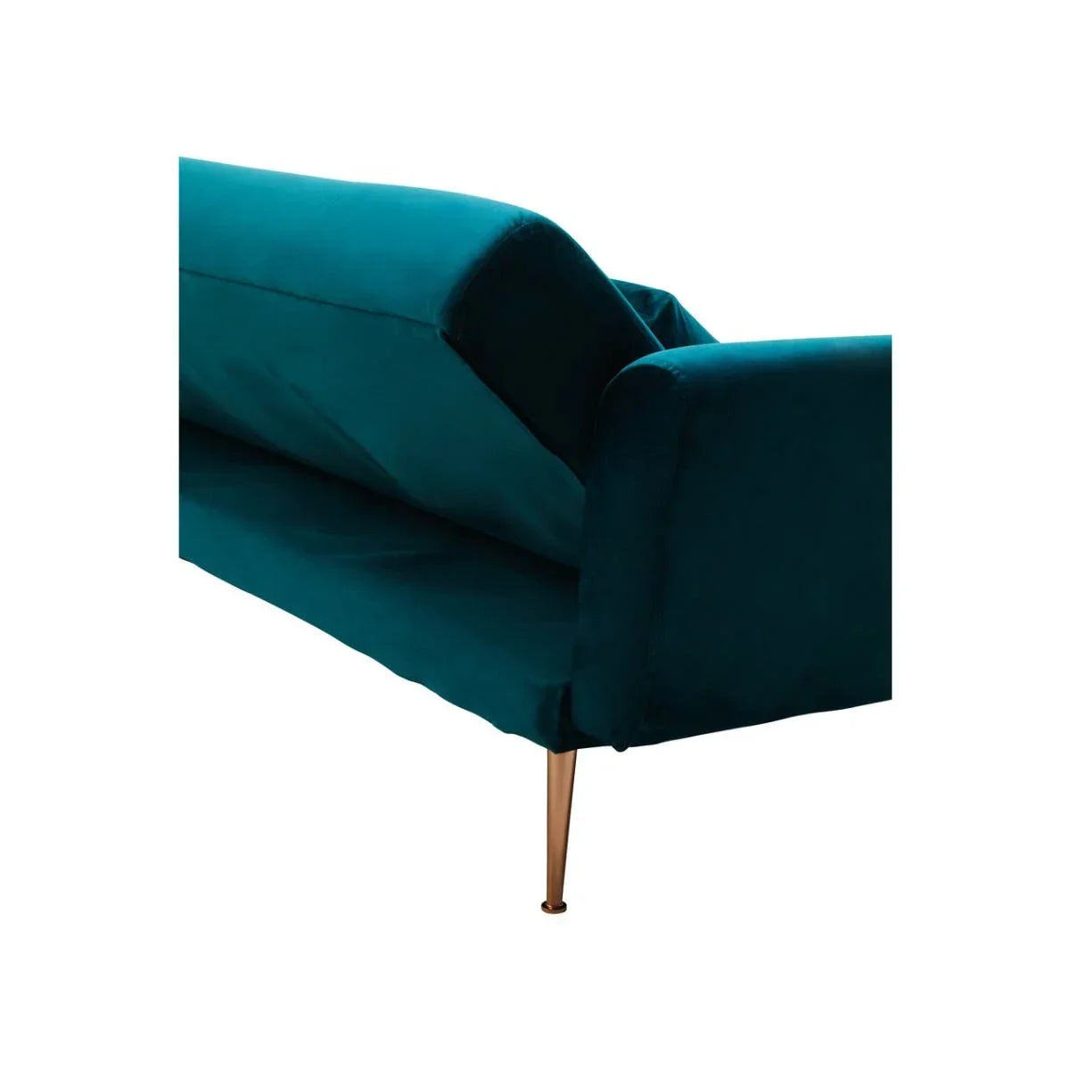 Teal velvet sofa with gold metal leg, angled backrest and armrest detail
