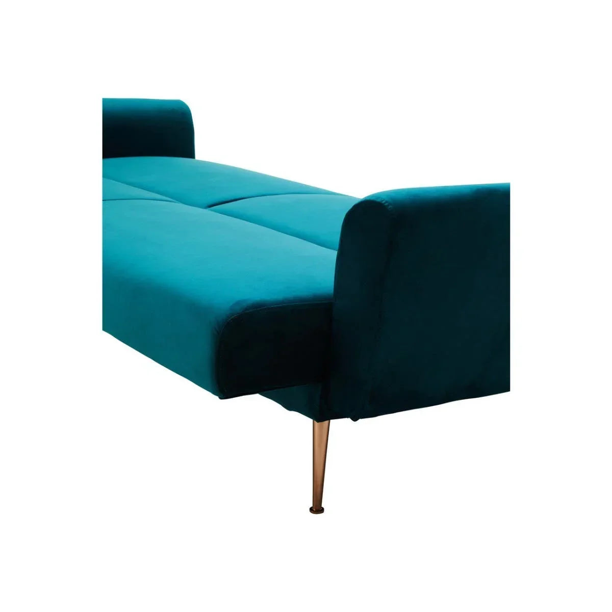 Teal velvet sofa bed with gold metal legs, side angle view