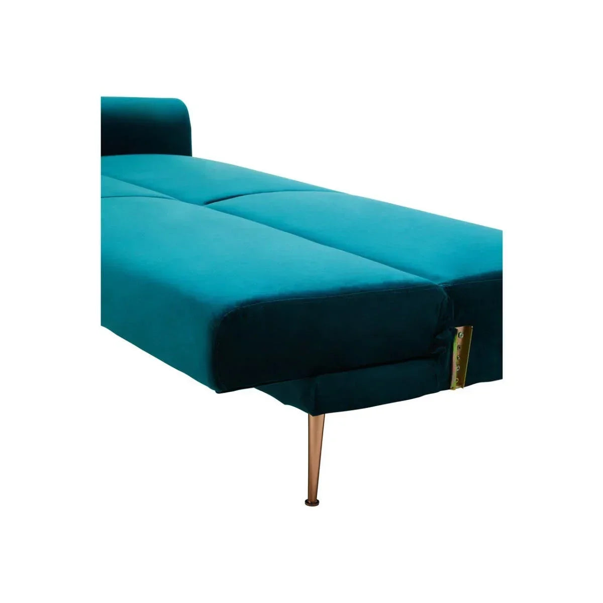 Teal velvet sofa bed with gold metal legs, shown from side angle