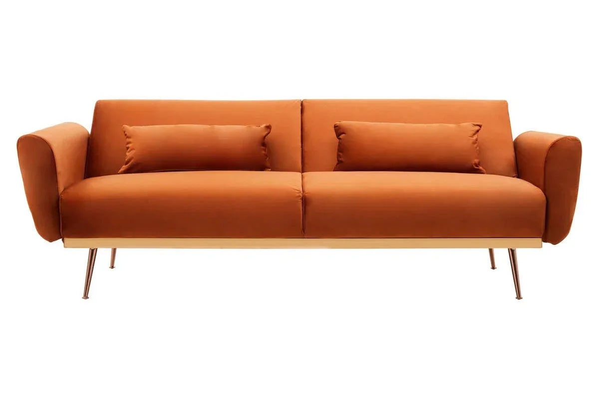 Orange velvet sofa with slim metal legs and two matching bolster cushions, front facing view