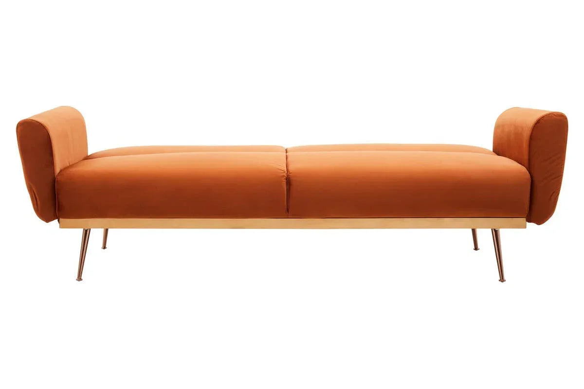 Orange velvet bench seat with gold metal legs and raised armrests, shown from the front