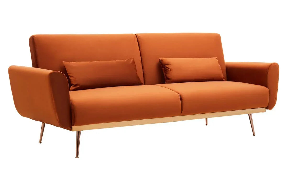 Orange fabric sofa with slim metal legs and two matching lumbar cushions, front view