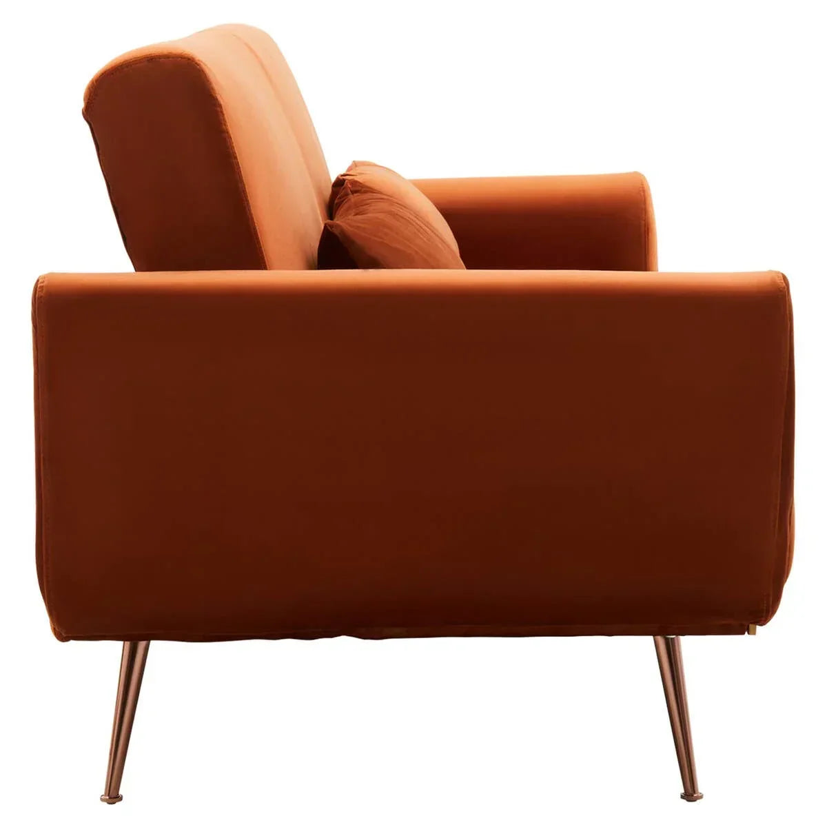 Side view of orange fabric sofa with metal legs and matching cushion