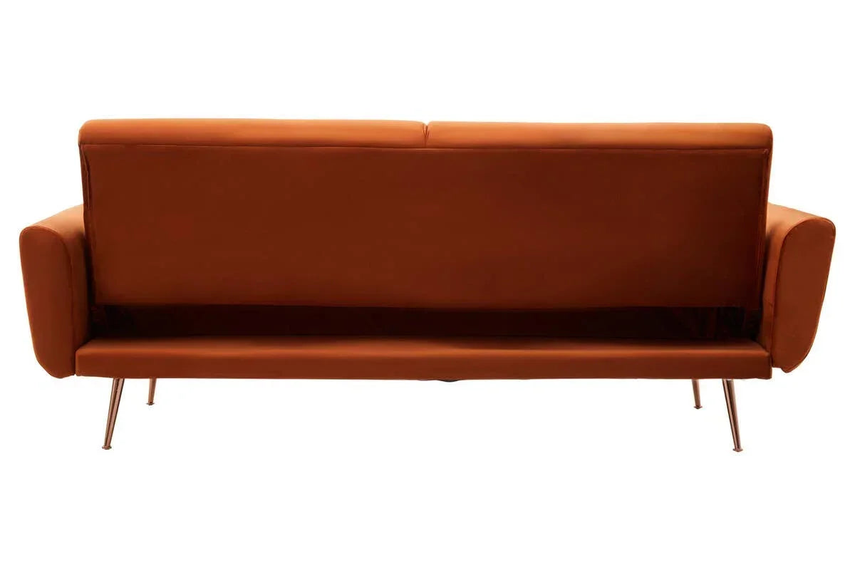 Back view of a brown leather sofa with metal legs and cushioned armrests
