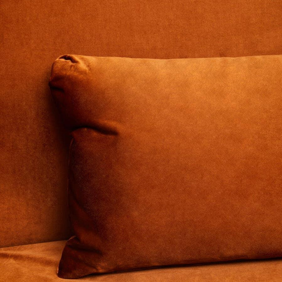 Burnt orange velvet sofa with matching cushion, close-up of upholstery texture
