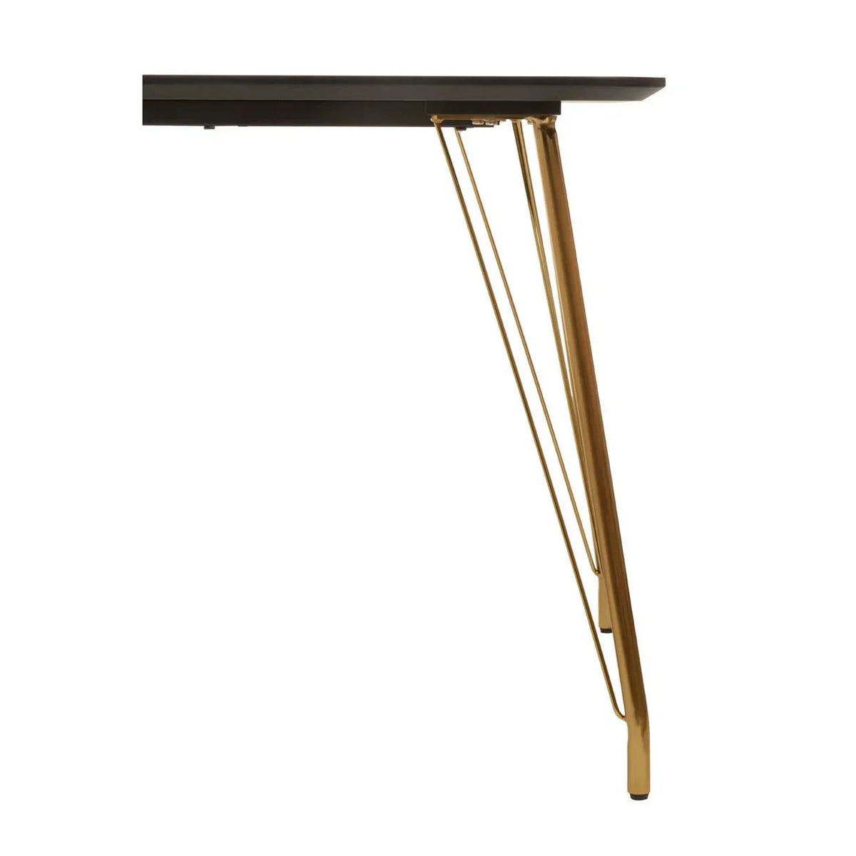 Gold metal table leg with black tabletop, angled side view showcasing modern furniture design