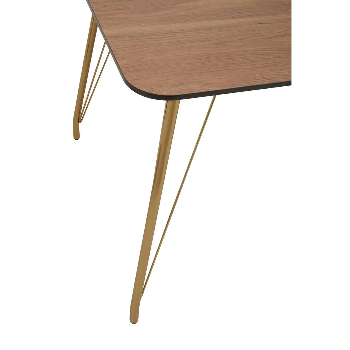Dining table corner with wood top and gold metal legs