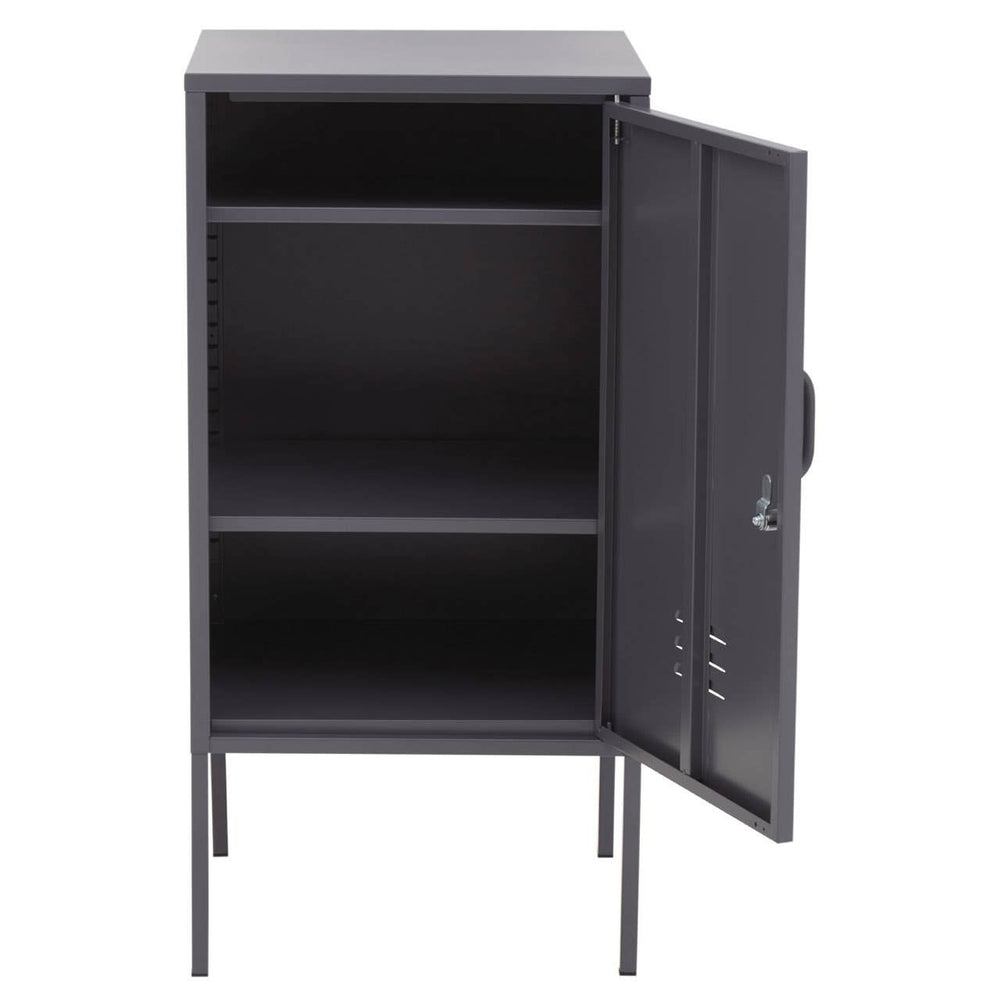 Grey one-door locker cabinet with an open door, revealing two interior shelves and a sleek, minimalist design. The cabinet stands on slender legs, showcasing a modern aesthetic suitable for home or office use