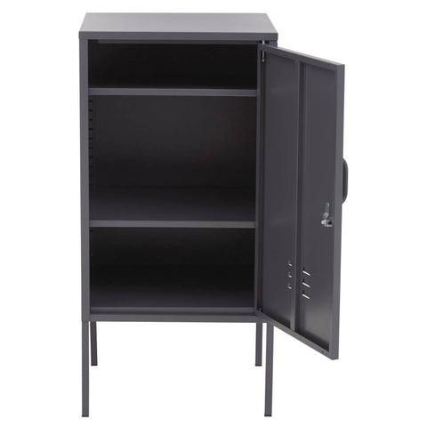 Grey one-door locker cabinet with an open door, revealing two interior shelves and a sleek, minimalist design. The cabinet stands on slender legs, showcasing a modern aesthetic suitable for home or office use