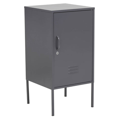 Grey metal locker cabinet with a single door and a handle, standing on four slender legs. The cabinet features a minimalist design with a smooth surface and ventilation holes at the bottom
