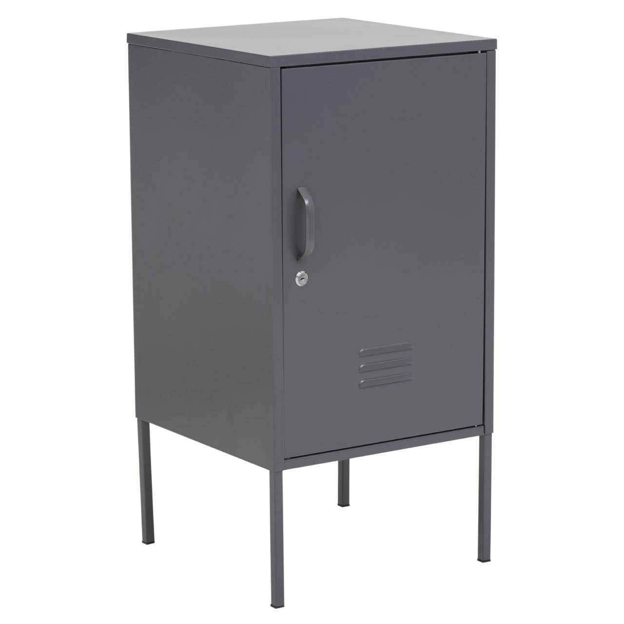 Grey metal locker cabinet with a single door and a handle, standing on four slender legs. The cabinet features a minimalist design with a smooth surface and ventilation holes at the bottom