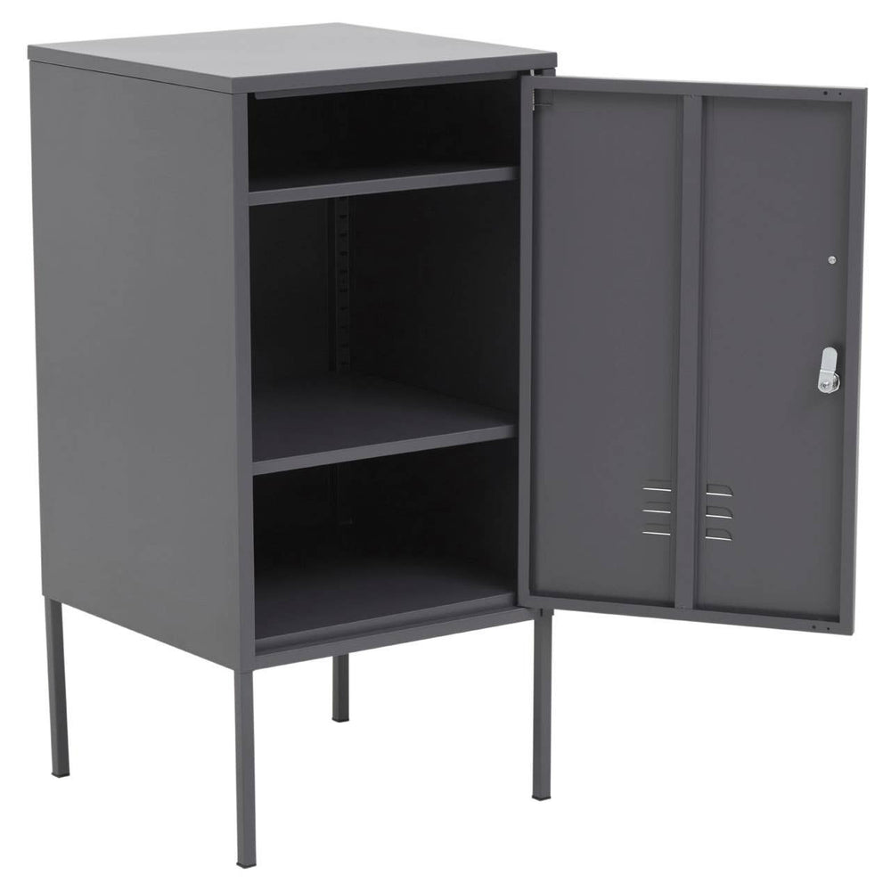 Grey locker cabinet with one door, featuring two shelves inside and standing on four legs. The door is slightly ajar, revealing the interior storage space