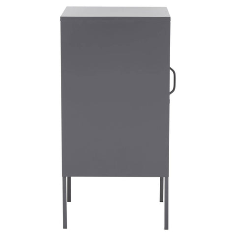 Grey one-door locker cabinet with a minimalist design, featuring a sleek handle and four slender legs for support. The cabinet has a smooth finish and a compact structure, suitable for various home settings