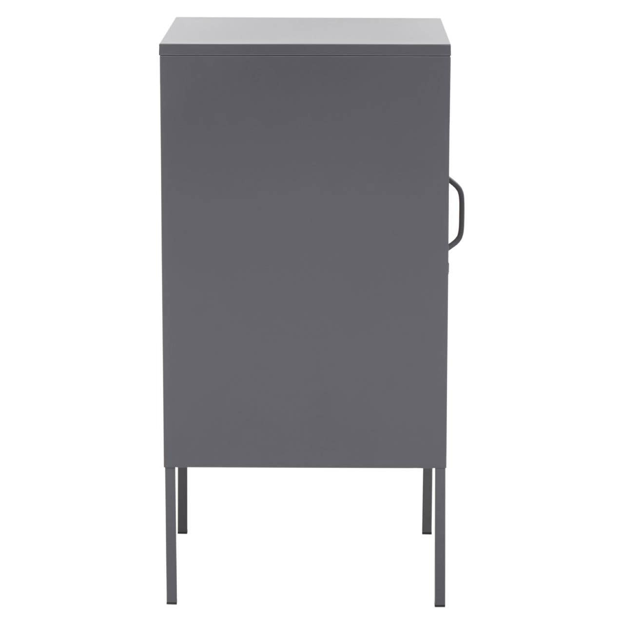 Grey one-door locker cabinet with a minimalist design, featuring a sleek handle and four slender legs for support. The cabinet has a smooth finish and a compact structure, suitable for various home settings
