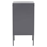 Grey one-door locker cabinet with a sleek design and metal legs, featuring a smooth surface and minimalist style, suitable for home or office storage