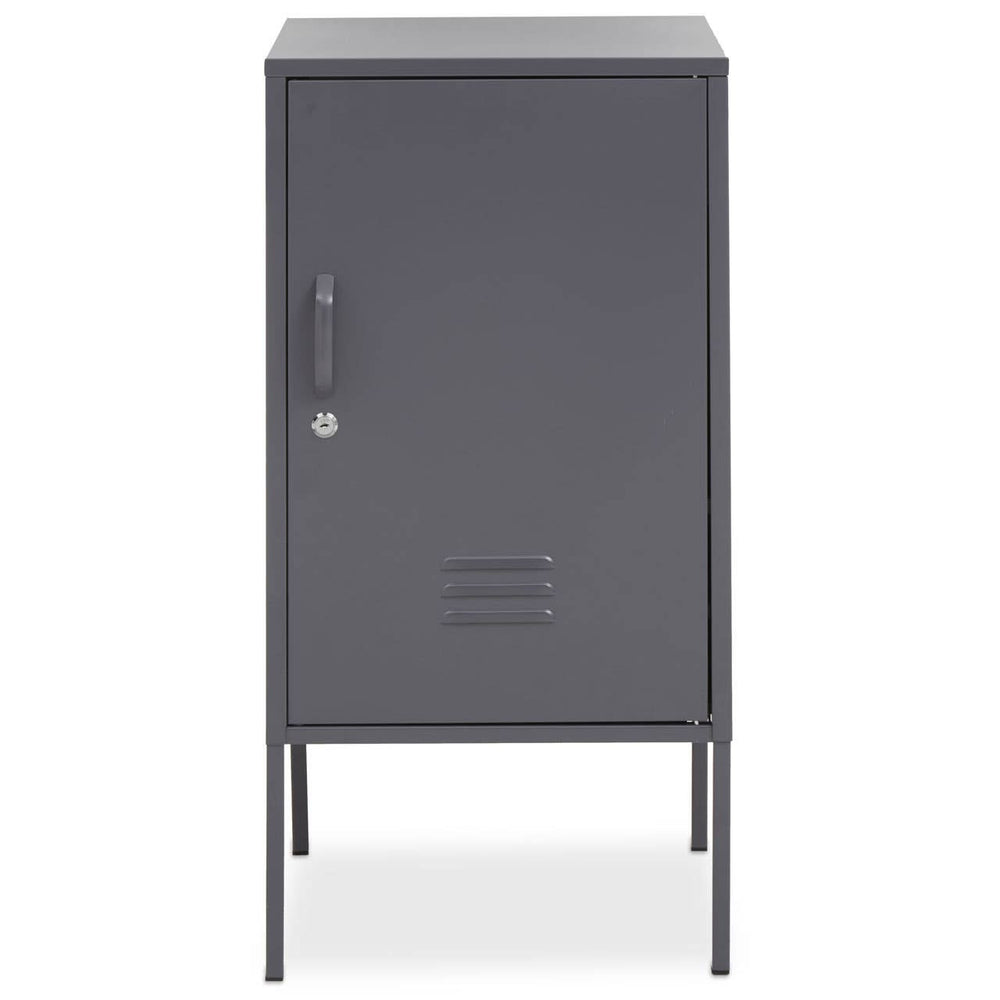 Grey one-door locker cabinet with a sleek design, featuring a vertical orientation, a single handle, and ventilation slits at the bottom. The cabinet stands on four slender legs, providing a modern and minimalist look suitable for various home settings