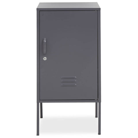 Grey one-door locker cabinet with a sleek design, featuring a vertical orientation, a single handle, and ventilation slits at the bottom. The cabinet stands on four slender legs, providing a modern and minimalist look suitable for various home settings