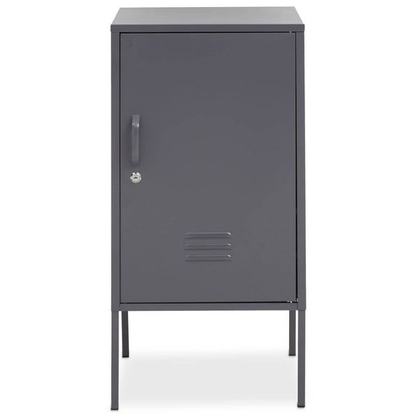 Grey one-door locker cabinet with a sleek design, featuring a vertical orientation, a single handle, and ventilation slits at the bottom. The cabinet stands on four slender legs, providing a modern and minimalist look suitable for various home settings