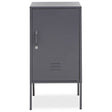 Grey one-door locker cabinet with a sleek design, featuring a vertical orientation, a single handle, and ventilation slits at the bottom. The cabinet stands on four slender legs, providing a modern and minimalist look suitable for various home settings