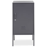 Grey one-door locker cabinet with a sleek design, featuring a vertical orientation, a single handle, and ventilation slits at the bottom. The cabinet stands on four slender legs, providing a modern and minimalist look suitable for various home settings