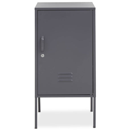Grey one-door locker cabinet with a sleek design, featuring a vertical orientation, a single handle, and ventilation slits at the bottom. The cabinet stands on four slender legs, providing a modern and minimalist look suitable for various home settings