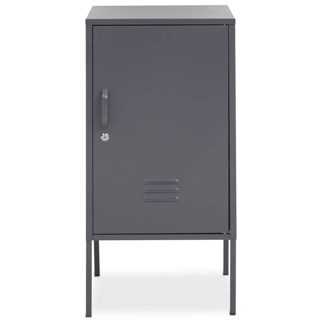 Grey one-door locker cabinet with a sleek design, featuring a vertical orientation, a single handle, and ventilation slits at the bottom. The cabinet stands on four slender legs, providing a modern and minimalist look suitable for various home settings