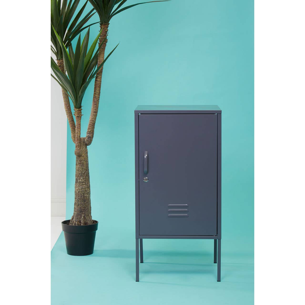 Grey one-door locker cabinet with a sleek design, featuring a flat front and a minimalist handle, positioned against a vibrant turquoise wall. A tall potted plant is visible to the left, adding a touch of greenery to the scene. The cabinet stands on slender legs, enhancing its modern aesthetic