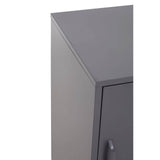 Top corner of a grey locker cabinet featuring a sleek design with a single door and a minimalist handle. The cabinet has a smooth finish and sharp edges, emphasizing a modern aesthetic