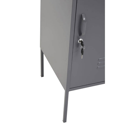 Grey locker cabinet with a single door, featuring a sleek design and a minimalist handle. The cabinet is elevated on slender legs, showcasing a modern aesthetic suitable for various interior styles