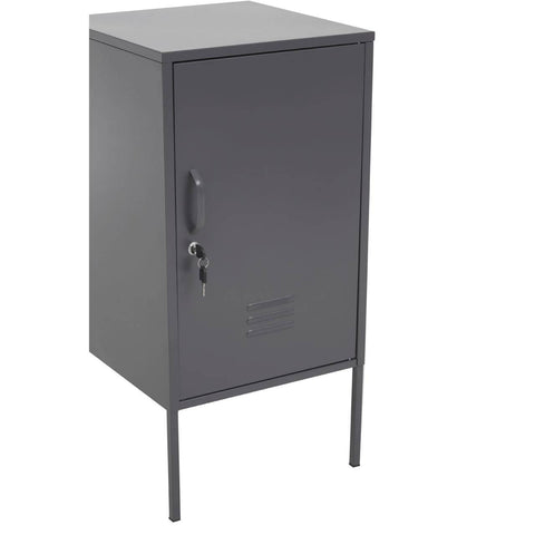 Grey one-door locker cabinet with a sleek design, featuring a single door with a handle and a lock, supported by four slender legs. The cabinet has a smooth finish and a minimalist aesthetic, suitable for various home decor styles