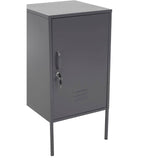 Grey one-door locker cabinet with a sleek design, featuring a single door with a handle and a lock, supported by four slender legs. The cabinet has a smooth finish and a minimalist aesthetic, suitable for various home decor styles