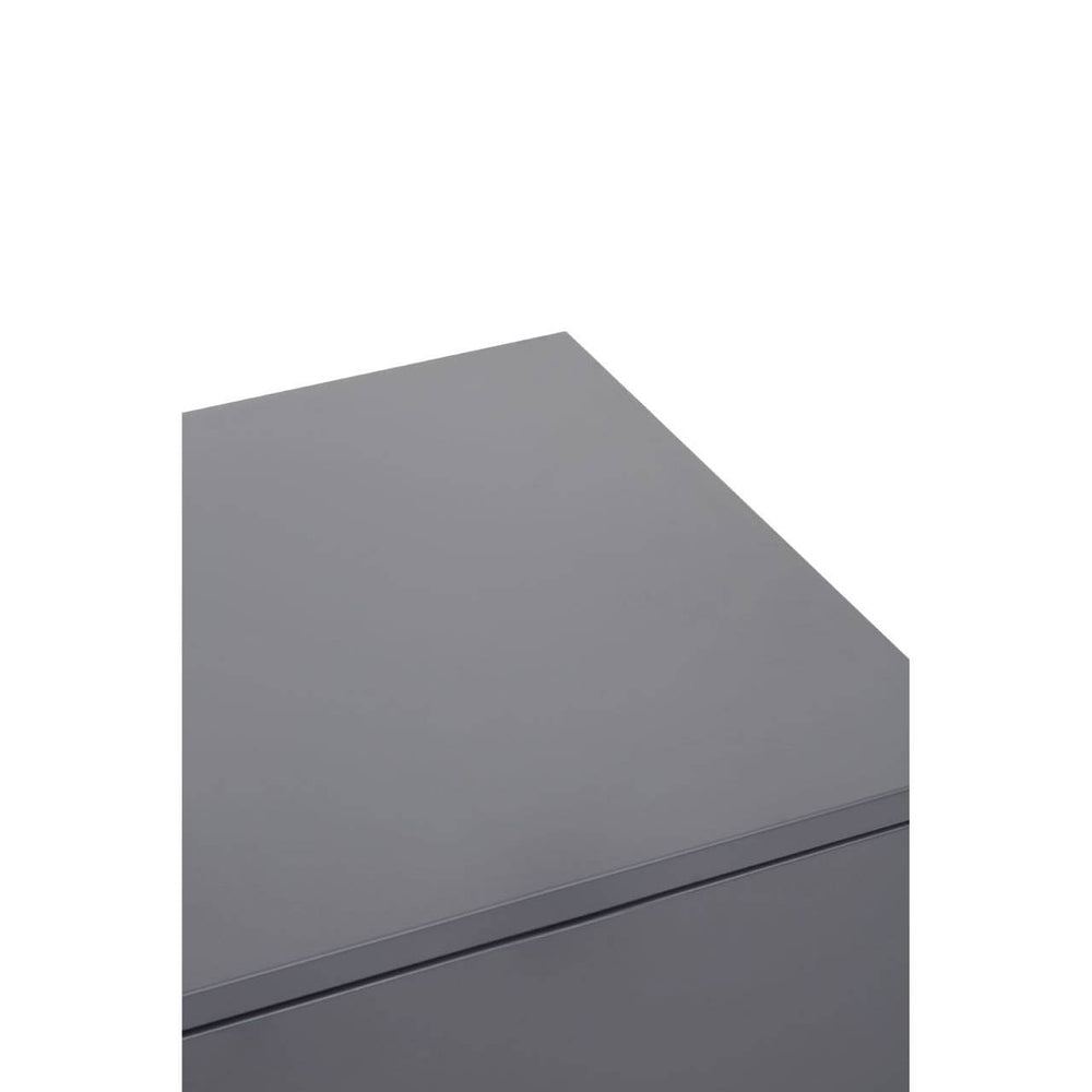 Grey locker cabinet with a single door, featuring a sleek, modern design and a smooth top surface. The cabinet has a minimalist aesthetic, suitable for various home decor styles