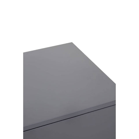 Grey locker cabinet with a single door, featuring a sleek, modern design and a smooth top surface. The cabinet has a minimalist aesthetic, suitable for various home decor styles