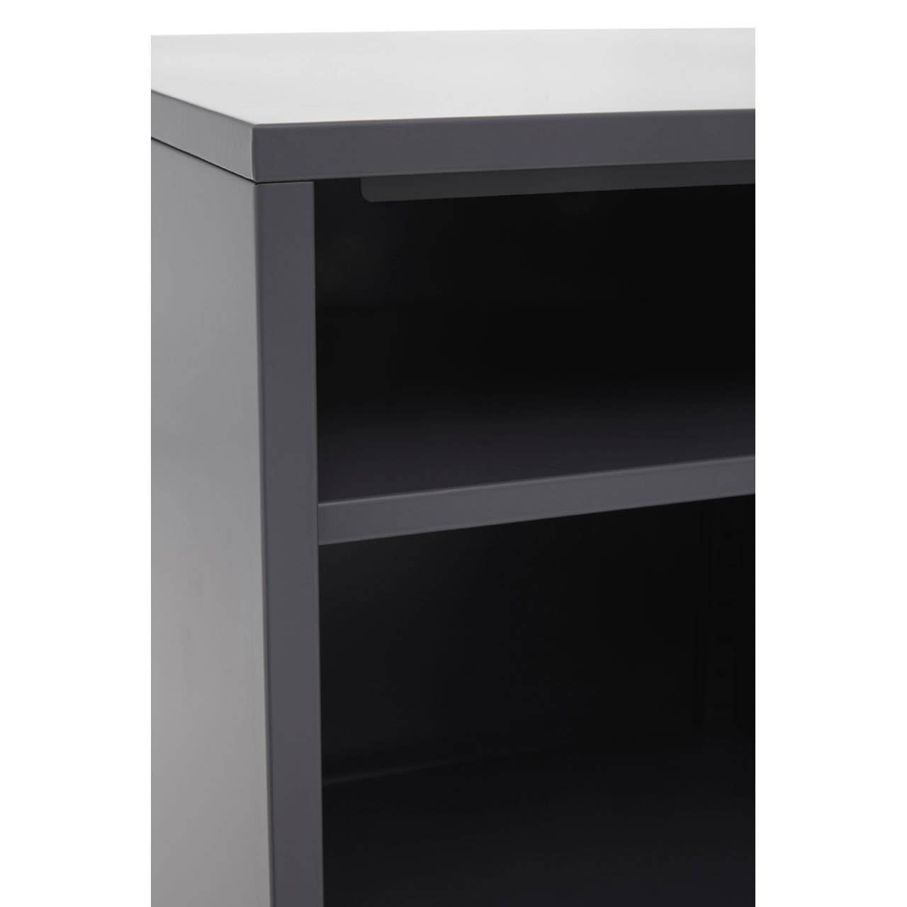 Grey locker cabinet featuring a sleek design with one door and an open shelf. The cabinet has a smooth top surface and a modern aesthetic, suitable for home or office use