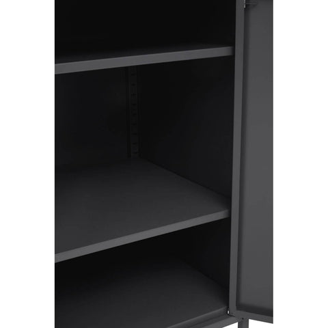 Grey locker cabinet with a single door, featuring two interior shelves and a sleek, modern design. The cabinet has a matte finish and is shown with the door slightly ajar, revealing the empty shelves inside