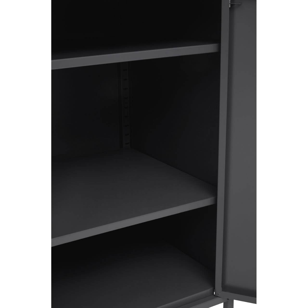 Grey locker cabinet with a single door, featuring two interior shelves and a sleek, modern design. The cabinet has a matte finish and is shown with the door slightly ajar, revealing the empty shelves inside